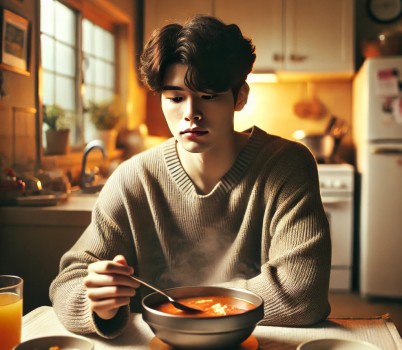 DALL·E 2025-03-15 08.49.59 - A young Korean man sitting at a table in a cozy kitchen, drinking hot soup for a hangover recovery. He looks slightly tired but relieved, wearing casu.jpg