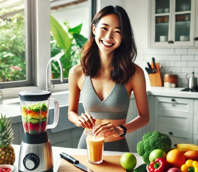 DALL·E 2025-03-15 11.56.49 - A healthy Korean woman in a bright, modern kitchen preparing a nutritious smoothie with fresh fruits and vegetables. She is smiling, wearing comfortab.jpg
