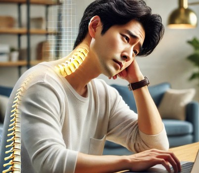 DALL·E 2025-03-17 12.18.57 - A realistic digital photo of a Korean man in his late 20s sitting at a desk with poor posture, showing symptoms of text neck syndrome (forward head .jpg