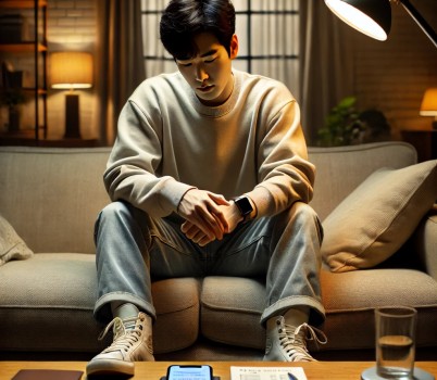 DALL·E 2025-04-02 11.44.54 - A realistic photo of the same Korean man in his 30s from previous images, now sitting alone on a couch in a softly lit living room. He is casually dre.jpg width: 100%; height : 150px