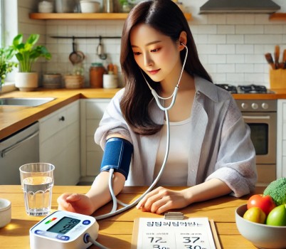 DALL·E 2025-04-04 08.45.31 - A realistic photo of the same Korean woman in her 30s from previous images, now sitting at a dining table in a bright kitchen, checking her blood pres.jpg width: 100%; height : 150px