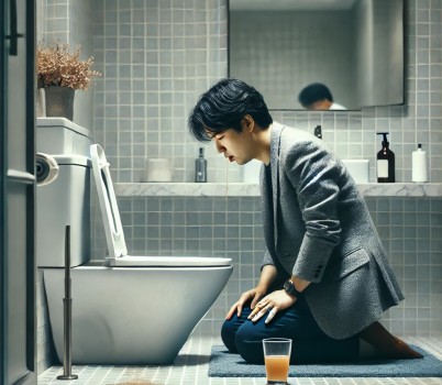 DALL·E 2025-04-15 14.33.20 - A cinematic, ultra-realistic image of a Korean man in his 30s kneeling on the floor of a modern bathroom, vomiting into a toilet. His face shows reali.jpg width: 100%; height : 150px