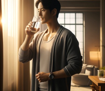DALL·E 2025-04-21 10.03.01 - A cinematic, ultra-realistic image of a Korean man in his 30s standing by a window in a modern, sunlit Korean apartment, drinking a glass of water fir.jpg width: 100%; height : 150px