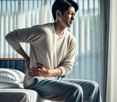 DALL·E 2025-04-23 16.59.43 - A realistic, high-quality cinematic image of a Korean man in his 40s or 50s, wearing casual home clothes, experiencing lower back pain in the morning.jpg width: 100%; height : 150px